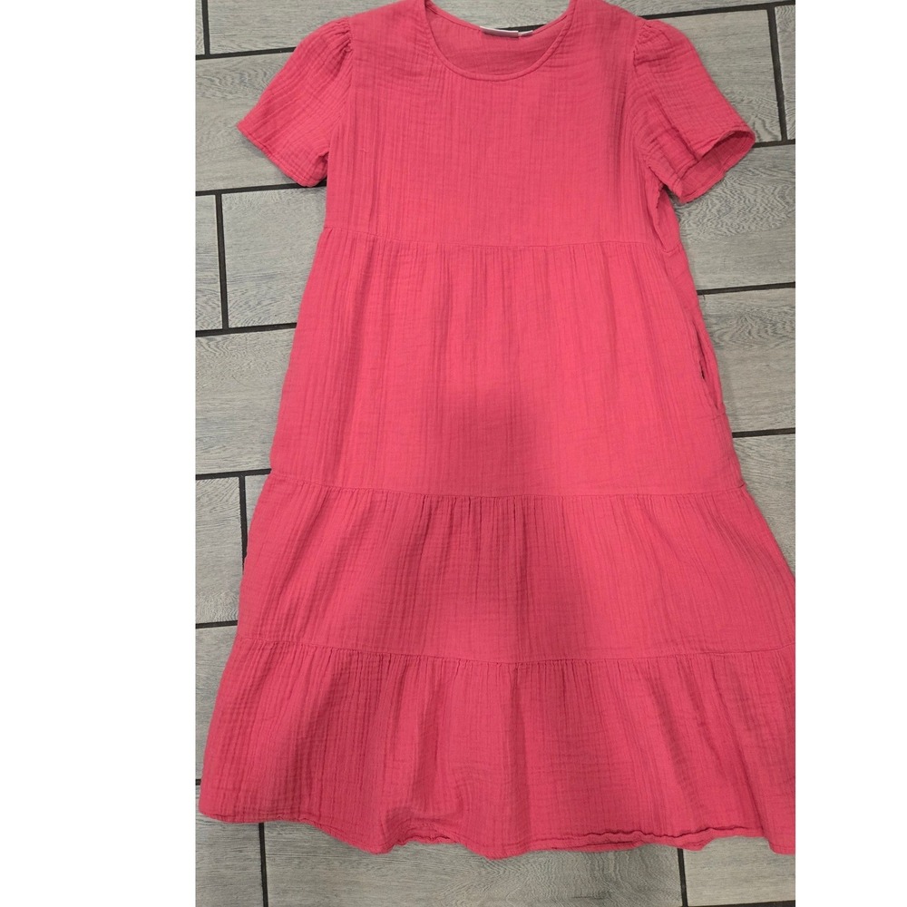 National Women Pink Cotton Gauze Tiered Midi Dress Short Sleeve Pockets PM 23581